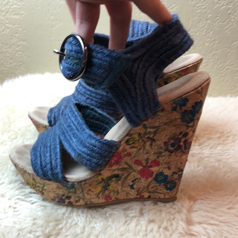 Very Volatile Blue Knit Floral Cork Wedge Heels